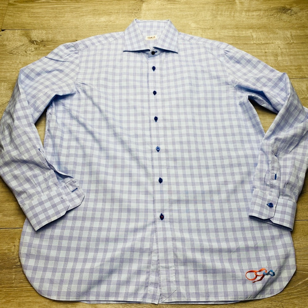 Isaia Shirt Mens 17.5 Blue White Plaid Cotton Neiman Marcus Dress Shirt Italy